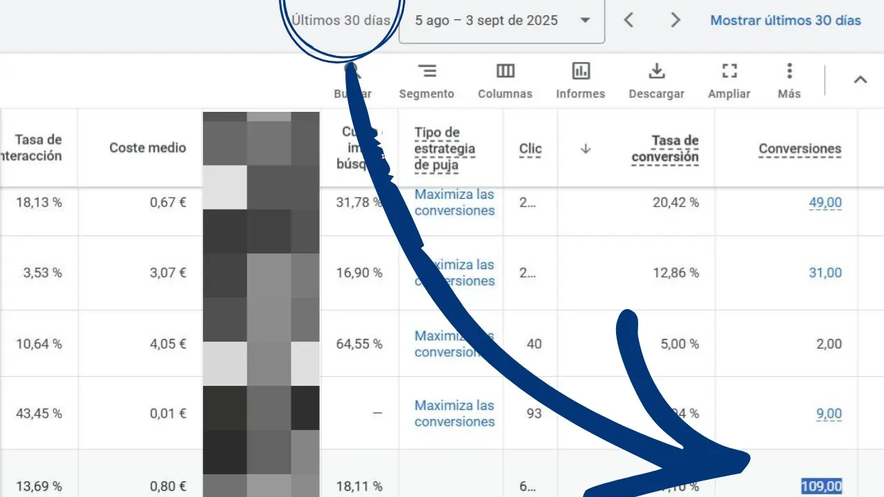 Panel de Google Ads del despacho penalista de Madrid: 109 conversiones en los últimos 30 días