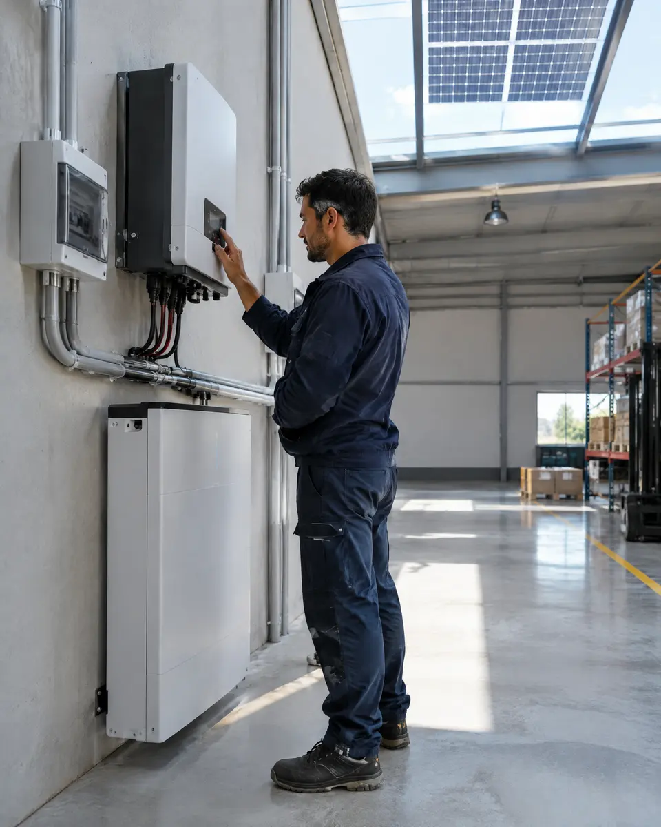Un instalador revisa el inversor y la batería de una instalación de autoconsumo en una nave industrial